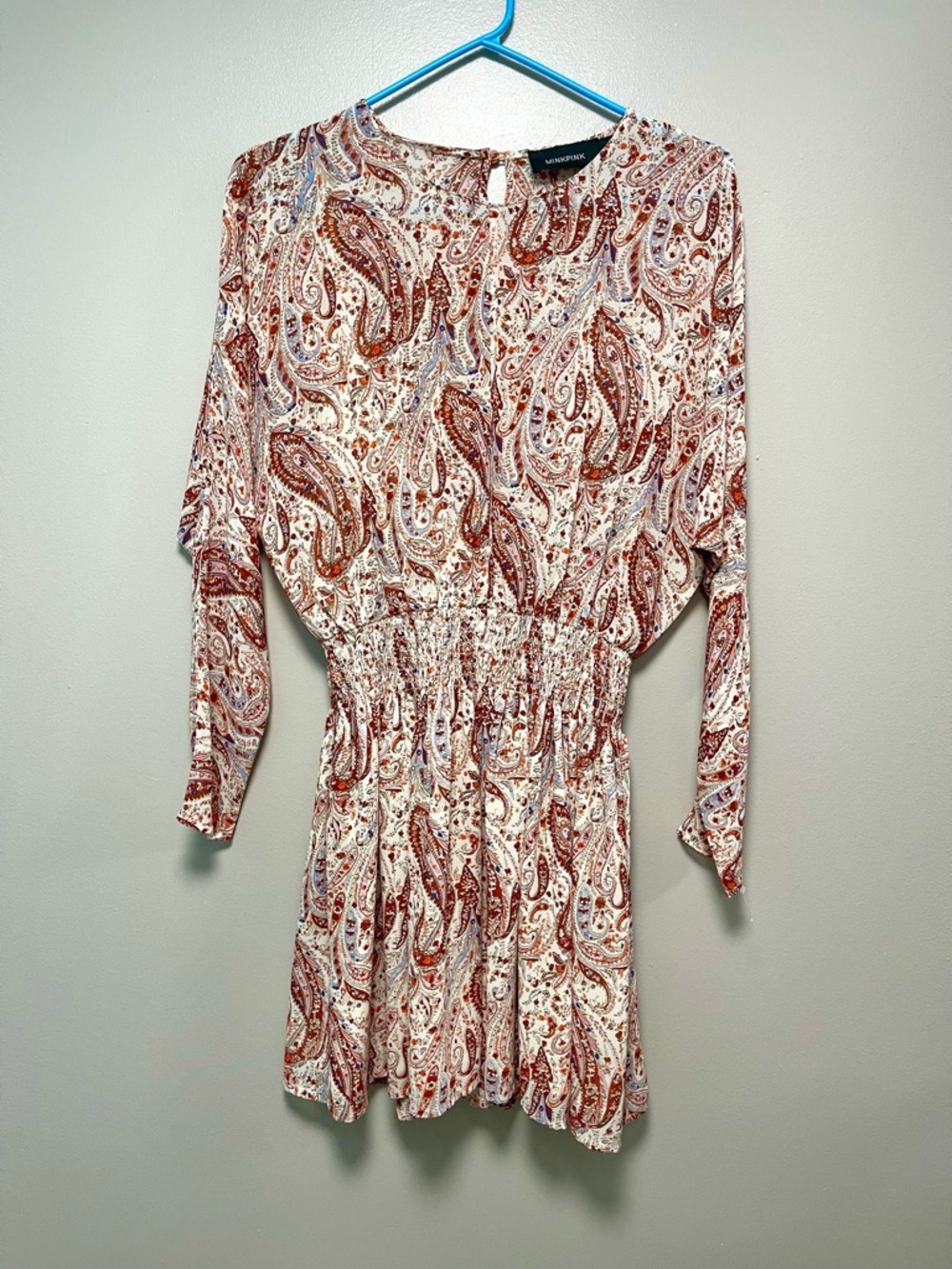 MINKPINK Rust and Cream Paisley Long-Sleeve Smocked Waist Mini Dress